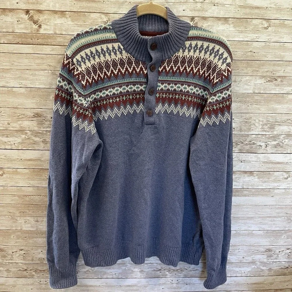 IZOD Mens Large Sweater Fair Isle Pullover 1/4 button up Knitted Blue BluishGray - Picture 1 of 9